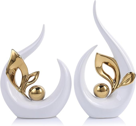 13" H White Gold Abstract Sculptures Home Decor, Ceramic Art Statue Cool Stuff to Put on Shelves&tv Stand Decor, Gold Accent Entertainment Center, for Fireplace Coffee Table Dining Table Decorate