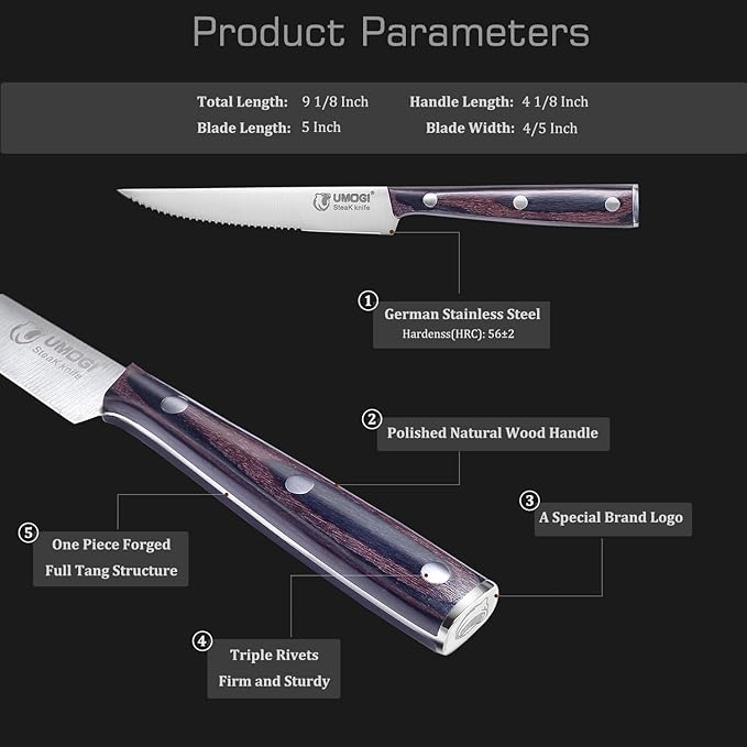 High-end Steak Knives Set of 6, Gift Box - Black Natural Wooden Handle, German Stainless Steel - Straight Edge Non Serrated - 4.8''Dinner Knife, Kitchen Tableware Knives Cutlery Set