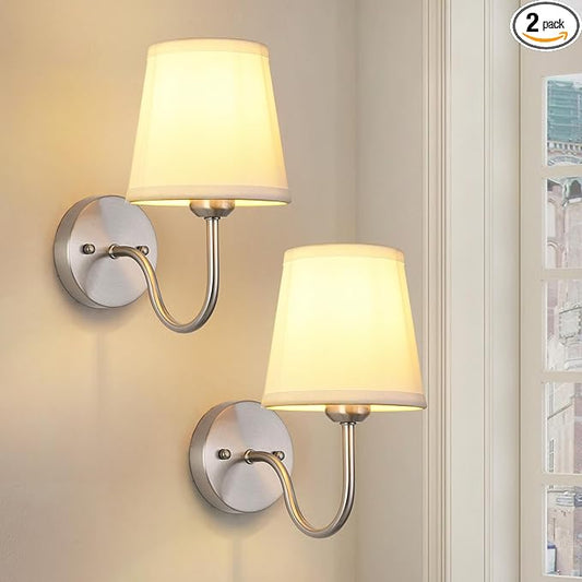 Wall Sconce Set of 2, Brushed Nickel Bathroom Vanity Sconces Wall Lighting, Indoor Wall Lights with Light Beige Fabric Shades, Wall Mounted Lamps for Bedroom Living Room Hallway