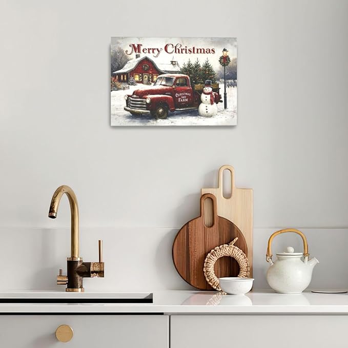 Christmas Pick-Up Truck Wall Art Christmas Tree Canvas Wall Decor Farm Barn Pictures Paintings Prints Snowman Artwork Framed Winter Holidays Decorations For Bathroom Bedroom Living Room Office Gifts 24" x 16"