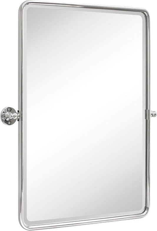 TEHOME Chrome Pivot Rectangle Bathroom Vanity Mirrror Farmhouse Tiltable Rounded Metal Framed Pivoting Bathroom Mirror with Beveled Mirrror, Overall 26.91 x 35 inches (Mirrror 23 x 35 inches)