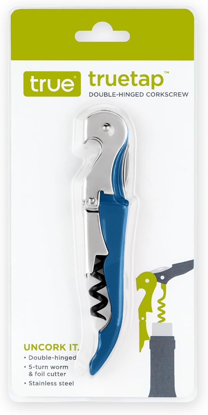 True Brands TrueTap Double Hinged Waiters Corkscrew, Top-notch Stainless Steel Opener with Foil Cutter Built to Last Wine Key Metallic Blue, Set of 1
