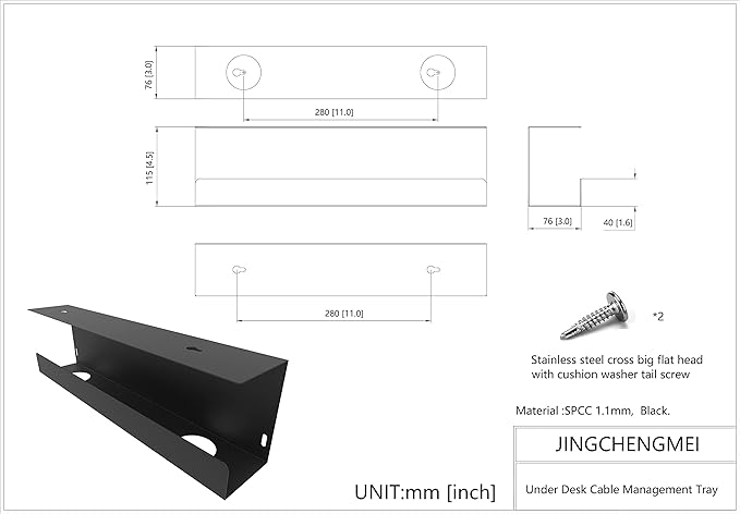 Jingchengmei Under Desk 17 inch Wide Cable Management Tray, Power Strip Holder, Metal Cord Organizer, Wire Management for Office and Home, Black (UDCMT17In, Black)