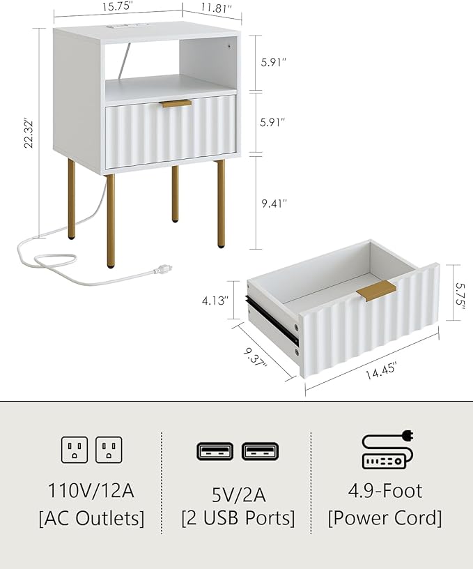 Masupu Nightstand with Charging Station,Mid-Century Modern Bedside Table with Storage Drawer and Open Wood Shelf,Small Gold Frame Side Table for Bedroom,Living Room (White Fluted)