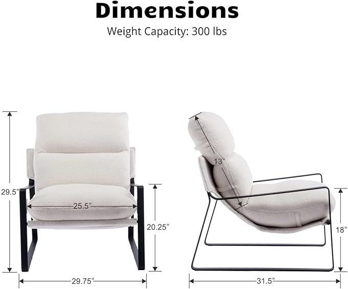 HEAH-YO Modern Accent Chair Set of 2, Upholstered Sherpa Living Room Chair with Backrest and Metal Frame, Comfy Reading Chair for Bedroom, White