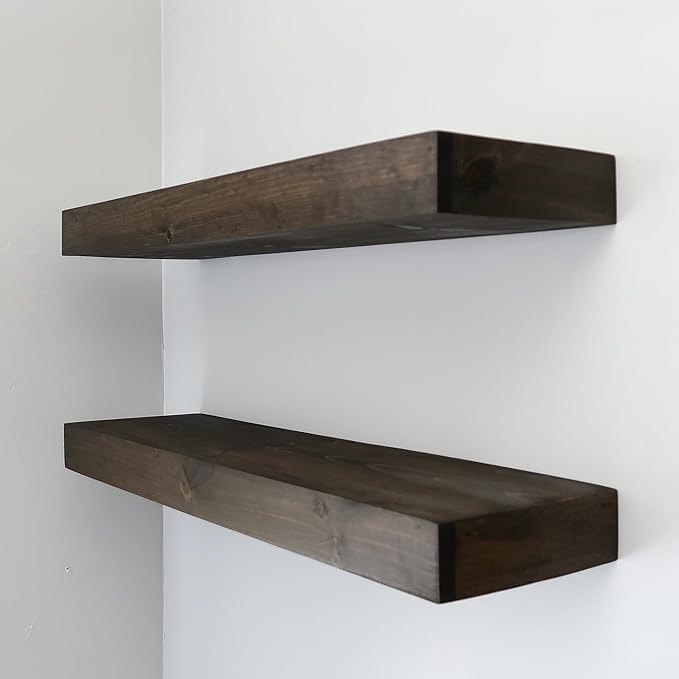 Urbandi Modern Floating Shelves 3 Inches Thick for Wall, Wide Shelves for Kitchen, Living Room, Bedroom, and Bathroom, Natural Pine Wood, Rustic Wooden Shelf, (Set of 2) (Jacobean, 36Lx3Hx6D)