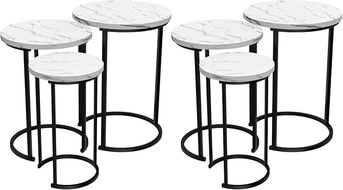 Lavish Home Nesting Tables – Set of 6 Space-Saving Round Side Tables with Faux Marble Tops – Modern Apartment Furniture Accent & End Table Set for Living Room, Bedroom, or Home Office (White)