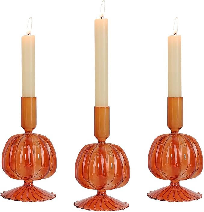 NEEDOMO Fall Decorations for Home, Set of 3 Glass Pumpkin Candlestick Holders for Thanksgiving Decor, Taper Candle Holder Fall Centerpieces for Tables Mantels Windows Indoor