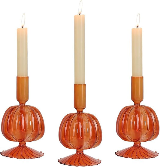 NEEDOMO Fall Decorations for Home, Set of 3 Glass Pumpkin Candlestick Holders for Thanksgiving Decor, Taper Candle Holder Fall Centerpieces for Tables Mantels Windows Indoor