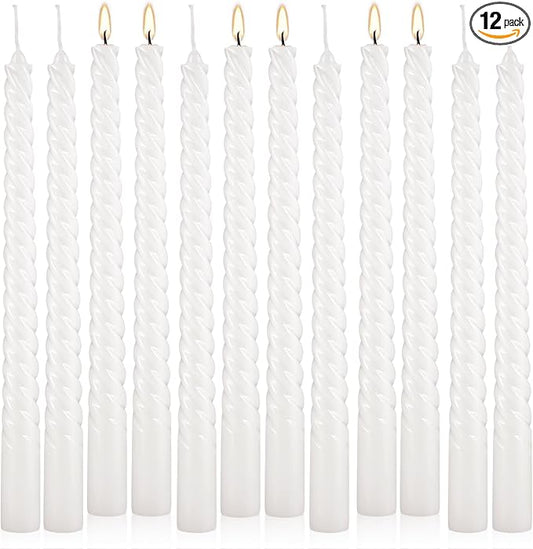 12 Pack 10 Inch White Spiral Taper Candles - Smokeless Unscented, 7-Hour Long Burning, Dripless Hand Poured - Tall Candlesticks for Home Decor, Weddings, Special Occasions & Events