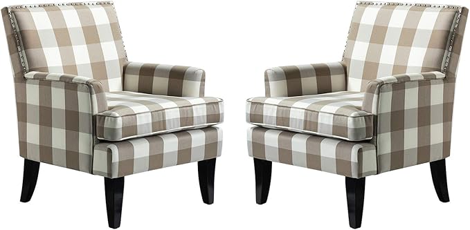 HULALA HOME Modern Accent Chairs Set of 2, Farmhouse High Back Buffalo Plaid Chairs with Wooden Legs & Nail Head Trim, Comfy Upholstered Armchairs for Living Room/Bedroom (Buffalo Beige)