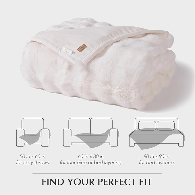 EverGrace Ultra Soft Luxury Fluffy Faux Rabbit Fur Throw Blanket, Thick Warm Bubble Throw for Bed, Cozy Plush Reversible Blankets for Couch, Chair, Sofa, Ivory White, 60x80 Inches