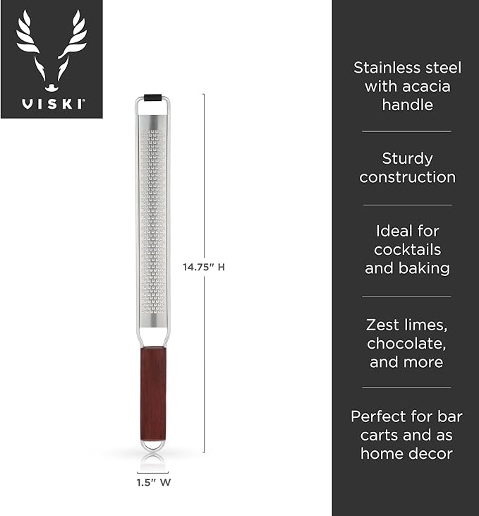 Viski Citrus and Cheese Grater, Stainless Steel Rasp Grater Zester with Acacia Wood Handle for Lemons, Oranges, Nutmeg & Cheese, Elegant Kitchenware for Cocktails, Cooking, & Bartender Gifts, Set of 1