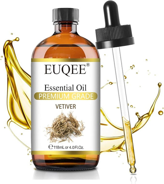 EUQEE Vetiver Essential Oil 4oz/118ML Large Bottle Vetiver Oil Premium Essential Oil for Candle Making, Humidifier, Diffusers - with Glass Dropper