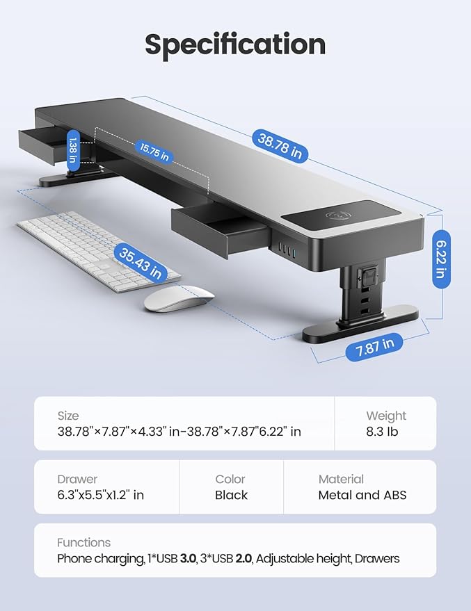 meatanty Dual Monitor Stand with 4 Adjustable Heights, Auto Phone Charging Pad, 4 USB Ports, Computer Riser with Drawers Storage, Metal Double Desk Organizer Lifter Raiser for 2 Monitors Screen Gift
