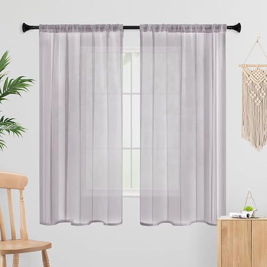 Sheer Curtains 45 Inches Long 2 Panels, Rod Pocket Short Curtain for Kitchen, Bedroom, Cafe Window(Light Grey 38" W x 45" L)