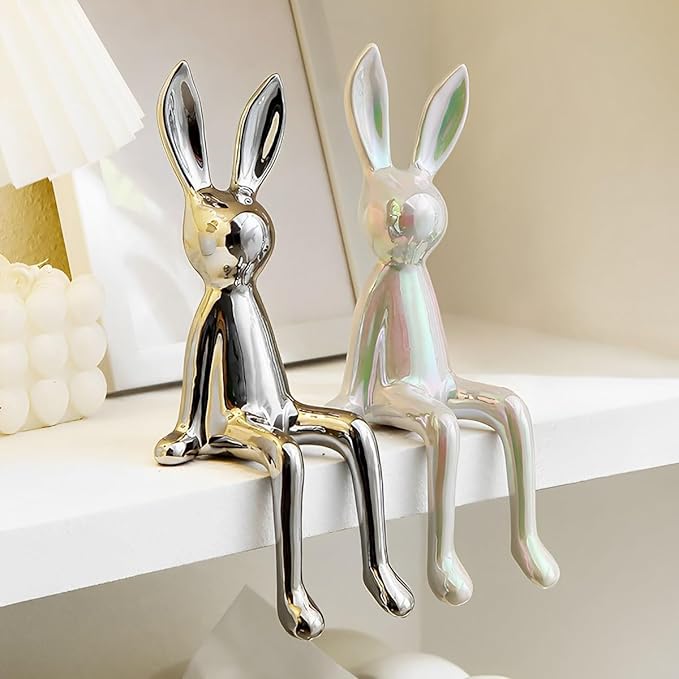3-Piece Rabbit Decor Sculptures - Home, Office, Living Room, Bedroom - Accents, Decorations, Figurines - Small Statues for Bookshelf, Desk - Ideal Gifts (Gold, Silver, White)