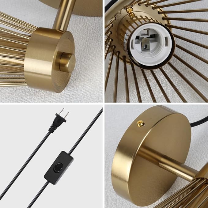 Plug in Wall Sconces Vintage Wall Light with On/Off Switch Gold Modern Wall Lamp with Plug in Cord for Living Room Bedroom Bedside Hallway Vanity