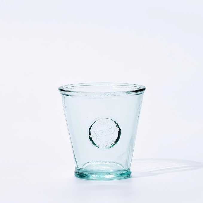 Small Drinking Glasses 8 Oz, Made Of 100% Recycled Glass Drinking Glasses Set Of 6, Authentic Embossed Old Fashioned Glasses, Ideal for Water, Milk, Juice, Espressos, Made In Spain.