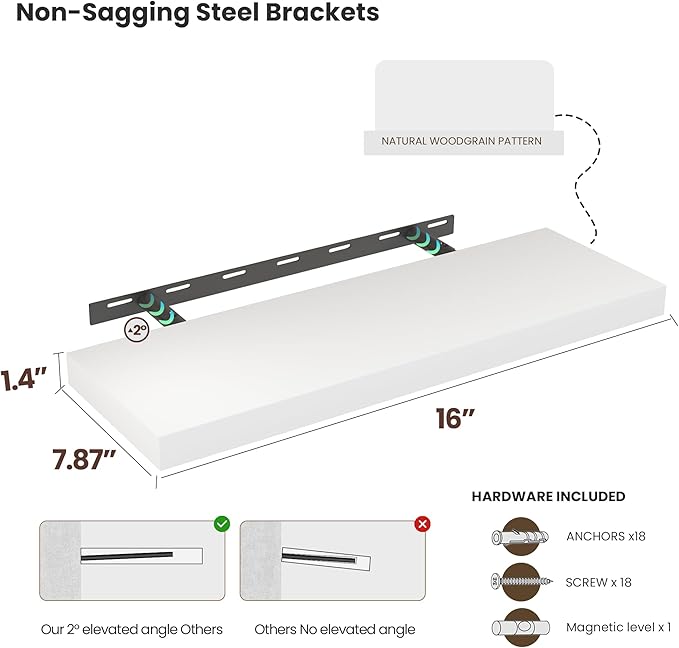 Vivelove Wooden Floating Shelves for Wall 16” x 8”x 1.4”, Bathroom Shelf Over The Toilet with Invisible Brackets, Unfinished Wall Shelves for LivingRoom, Kitchen, Bedroom, Home Decor, Set of 2 - White