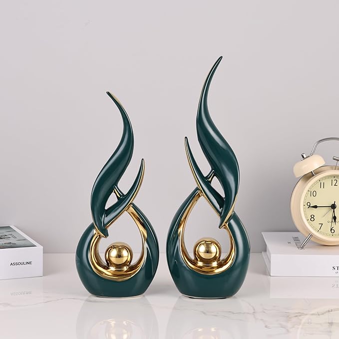 2 PCS Green Gold Ceramic Statues For Home Decor Accents, Modern Abstract Art Sculptures, Elegant Tabletop Decorative Objects For Dining Room, Entryway, Tv Stand, Mantel, Coffee Table Centerpieces