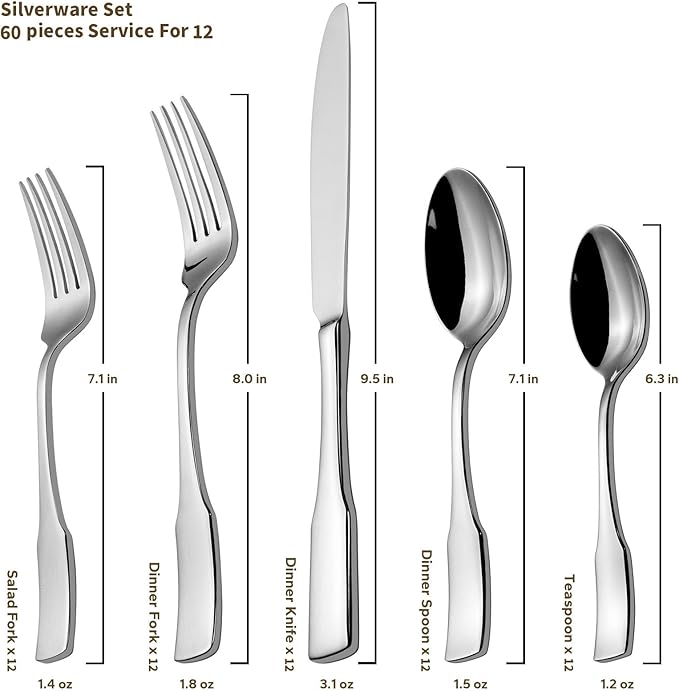 Alata Kate 60-Piece Silverware Set Stainless Steel Flatware Set,Service for 12,Mirror Polished Cutlery Set,Dishwasher Safe