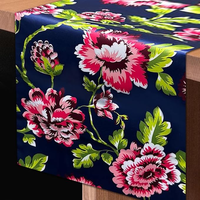 Decozen Table Runner - Japanese Print Floral Design Perfect for Kitchen Dining Room Home Decor Console Table Farmhouse - Navy Blue
