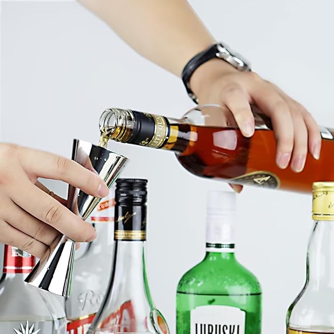 Homestia Jigger for Bartending with 1 Pourer, Stainless Steel Double Jigger Premium Japanese Style Slim Measuring 1 oz 2oz Jigger with Measurements Inside Cocktail Bar Tools for Bartender