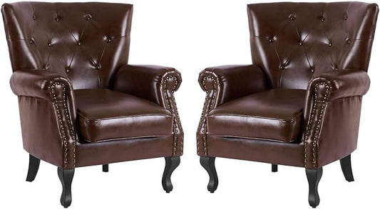 MOJAY PU Leather Accent Chair Set of 2, Mid-Century Modern Armchair Living Room Club Chair with Tufted Button & Rivet Trim, Upholstered Sofa Chair with Sturdy Wood Legs for Bedroom (Reddish Brown)