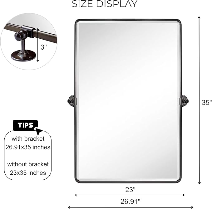 TEHOME Oil Rubbed Bronze Pivot Rectangle Mirrror Farmhouse Tiltable Rounded Metal Framed Pivoting Bathroom Mirror with Beveled Mirrror, Overall 26.91 x 35 inches (Mirrror 23 x 35 inches)