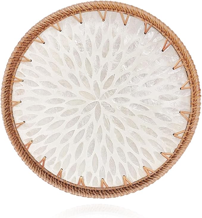 Shellac Rattan Tray with Mother of Pearl Inlay, Round Decorative Serving Tray for Home Décor Coffee Table Storage and Display, 100% Natural Materials - Ottoman Tray White 13.5"