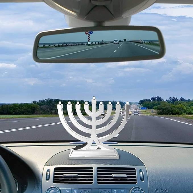 Mini Electric Menorah LED Battery or USB Powered - Push Button Multi Light Settings - Hanukkah Battery Operated Minorah Small Menorahs for Office Car Home Chanukah Decorations By Zion Judaica (Silver)