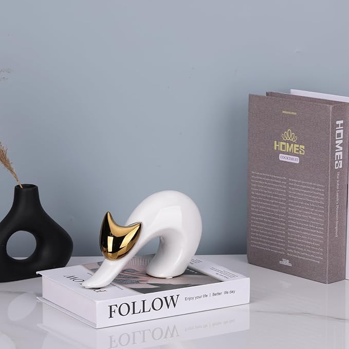 YUNSHID Abstract Elegant Yoga Cat Statue, White and Gold Decor, Minimalist Cat Figurine for Table Shelf Desk Entryway Mantle Decor, 4.75'in