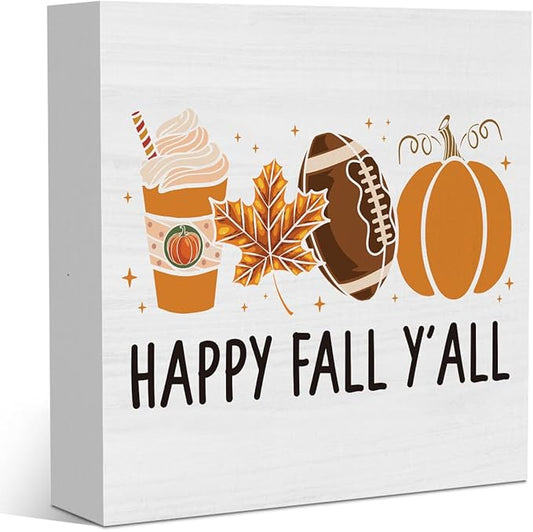 Autumn Decorations Happy Fall Y'all Thanksgiving Gift Pumpkin Football Coffee Wood Square Sign Desk Block Signs Home Shelf Office Decoration 5 x 5 Inches Tub1904
