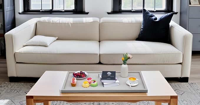 35 * 18 Inch Rectangular Ottoman Tray | Textured PU Leather, Waterproof & Heat-Resistant Storage for Coffee/Dining Tables, Sofa, Bed, Entertainment & Party (Tranquil Beige, 35 * 18in)