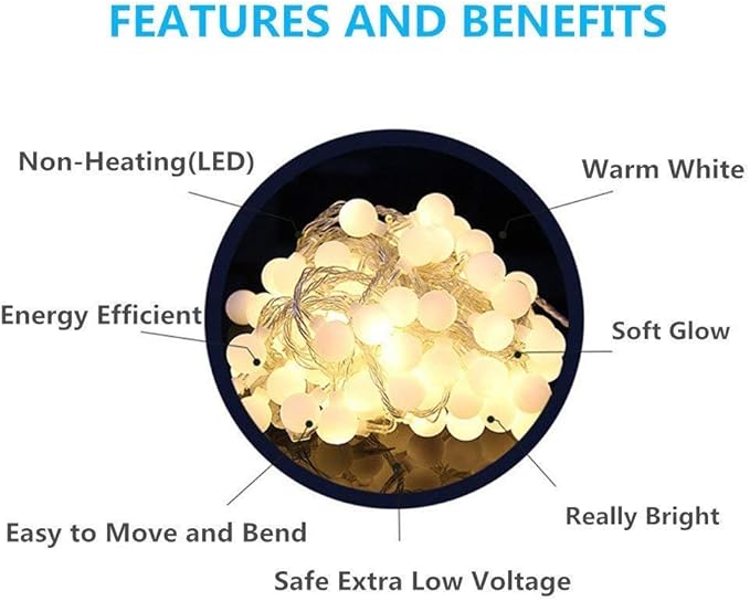 Globe String Lights Indoor, 49 Feet 100 LED Fairy Lights for Bedroom Plug in, 8 Modes Warm White Christmas String Lights for Indoor Outdoor Patio Party Garden Wedding Christmas Tree Decor