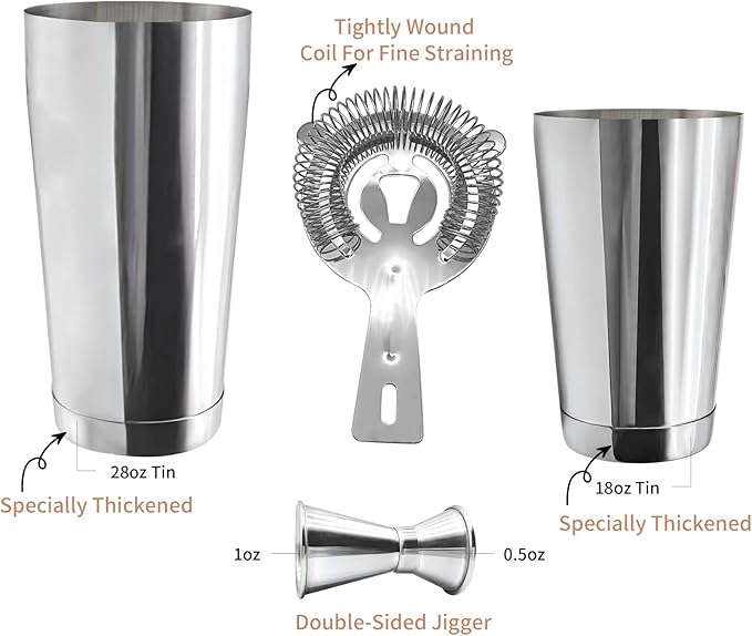 Boston Cocktail Shaker Bar Set, Weighted Boston Shaker Tins, Bartender Kit with 18oz & 28oz Mixed Drink Shaker, Hawthorne Strainer, Double Measuring Jigger - Silver