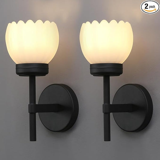 Yosoan Brass Boho Indoor Vintage Wall Sconce Set of 2, Modern Vanity Finished Industrial Hardwired Wall Mounted with Milk Transparent Tulip Flower Shade for Living Room Bedroom Kitchen Hallway(Black)