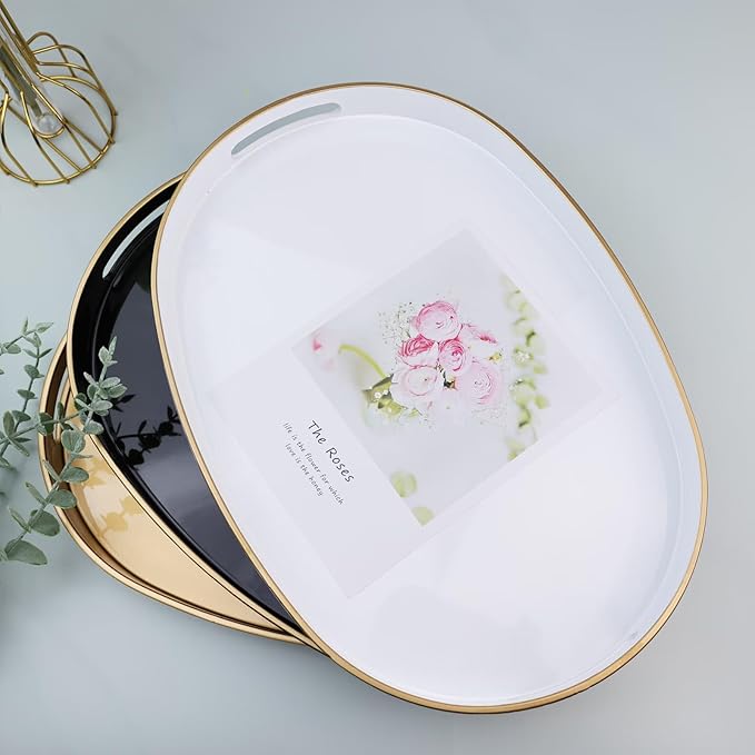 White Oval Decorative Tray with Handles, Versatile Serving Tray for Coffee Table, Ottoman, Ideal for Serving, Displaying, Organizing