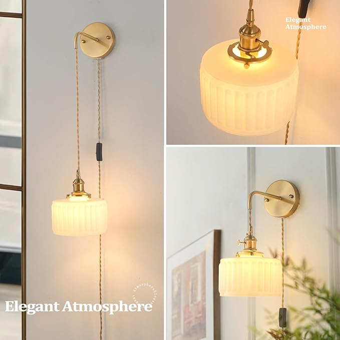 Vintage Wall Sconce with White Striped Glass Shade Hanging Wall Sconce with 4.9FT Plug in Cord, Modern Wall Lamp Fixtures Decor for Bedside Bedroom Indoor Doorway