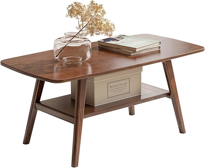 100% Solid Oak Wood Coffee Table for Living Room, 2-Tier Living Room Table with Storage Shelf, Mid Century Modern Coffee Tables (Walnut Colour, 39.37" W x22.05 D x 17.32" H)