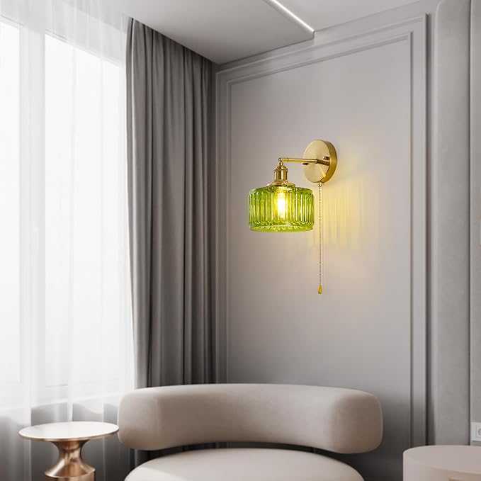 Vintage Wall Sconces with Pullswitch, 180 Degree Adjustable, Hradwired Modern Wall Lighting Fixture with Green Pumpkin Glass Lampshade for Bedroom Bedside Bathroom