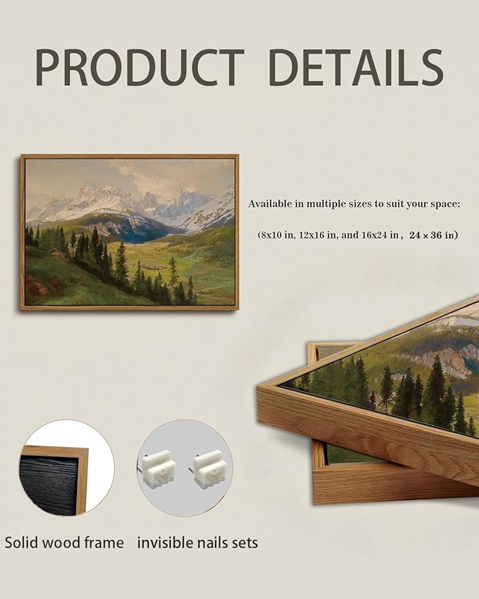 KISSFOX Vintage Framed Wall Art Alpine Valley Landscape Canvas Art Farmhouse Rustic Snow Mountain Paintings Artwork Natural Serene Countryside Cottagecore Art Prints For Bedroom Bathroom Living Room
