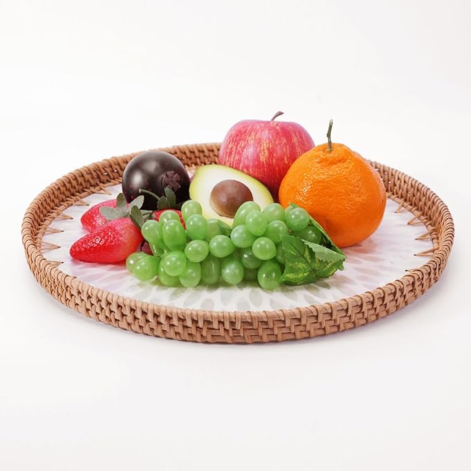 Shellac Rattan Tray with Mother of Pearl Inlay, Round Decorative Serving Tray for Home Décor Coffee Table Storage and Display, 100% Natural Materials - Ottoman Tray White 13.5"