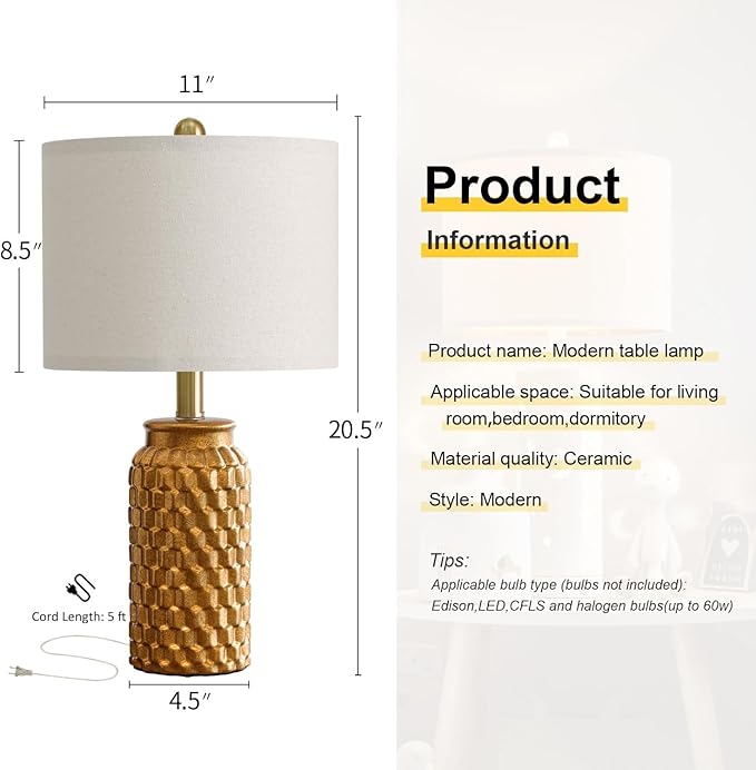 20.5" Gold Modern Ceramic Bedside Lamp Set of 2 for Bedroom Decor Farmhouse Table Lamp for Living Room Office Dorm