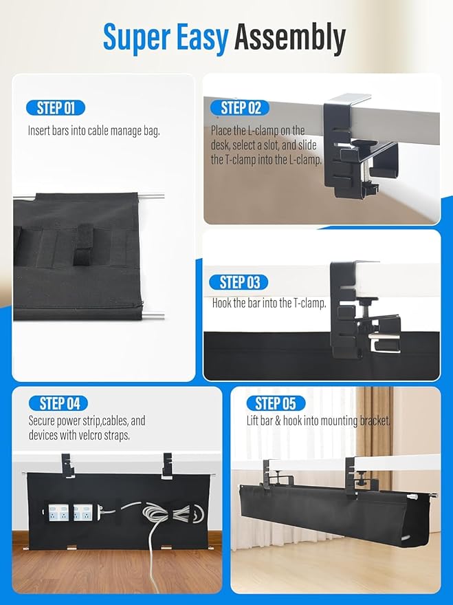 [Upgraded] 28.4" Under Desk Cable Management Tray, Orapoke Cable Management Under Desk No Drill, Large Fabric Cord Hider for Wire Organization, Cord Organizer Supports Up to 30lbs for Office, Home