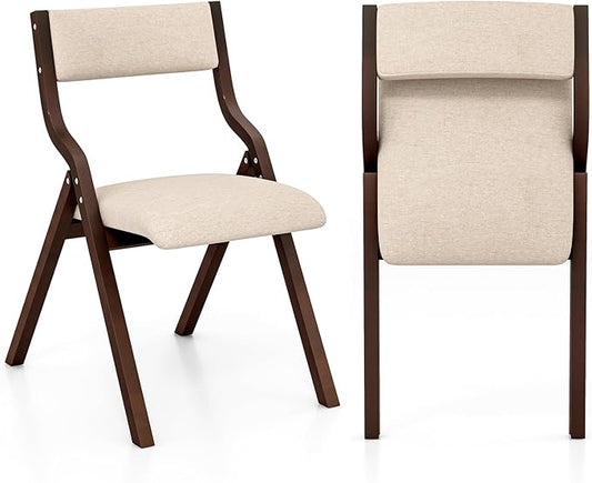 Giantex Folding Dining Chairs Set of 2, No Assembly Required with Linen Padded Seats, Wooden Foldable Kitchen & Party Chairs, Easy to Store for Extra Events