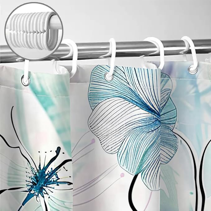 Sanzugh Teal Floral Shower Curtain, Boho Emerald Sage Hunter Olive Green Blue Abstract Flowers Art Cute Fabric Shower Curtains Set for Bathroom Decorative with Hooks 72 X 78 inch Spring Bath Decor