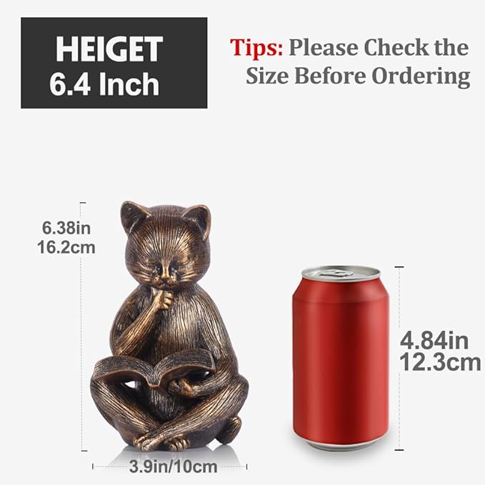 6.4 Inch Resin Reading Cat Figurine - Cute Animal Sculpture for Desk, Office, Bookshelf or Table Decor - Meditation Statue, Bronze Cat Lover Gift, Relaxing Book Theme Accent, Decorative Pet Ornament