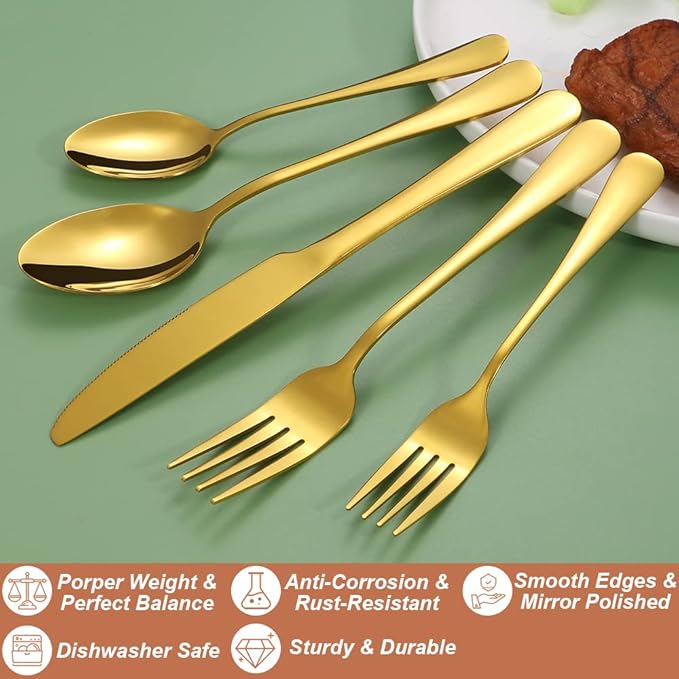 Lazycorner 50 Pcs Gold Silverware Set for 10, Food Grade Stainless Steel Flatware Set Include Fork/Knife/Spoon, Mirror Polished Eating Utensils Sets, Reusable Silverwear Cutlery Set, Dishwasher Safe